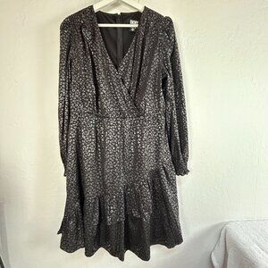 DKNY Womens Black & Silver Leopard Print Long Sleeve V-Neck Ruffle Dress Size 12